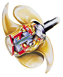The bussiness end of a controllable pitch propeller, each blade can be adjusted to make them move water either forward or reverse.