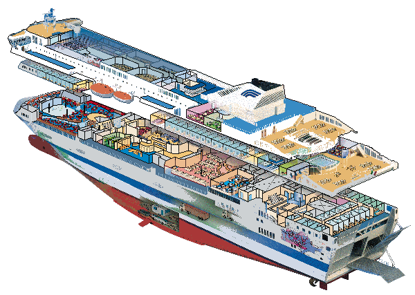 An illustrated cutaway of a cruise ferry